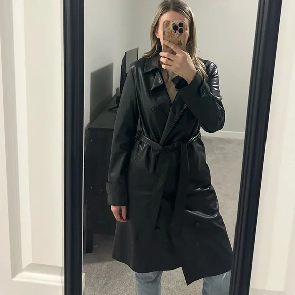 R Label Leather Vegan Double Breasted Trench Coat - Picture 11 of 11